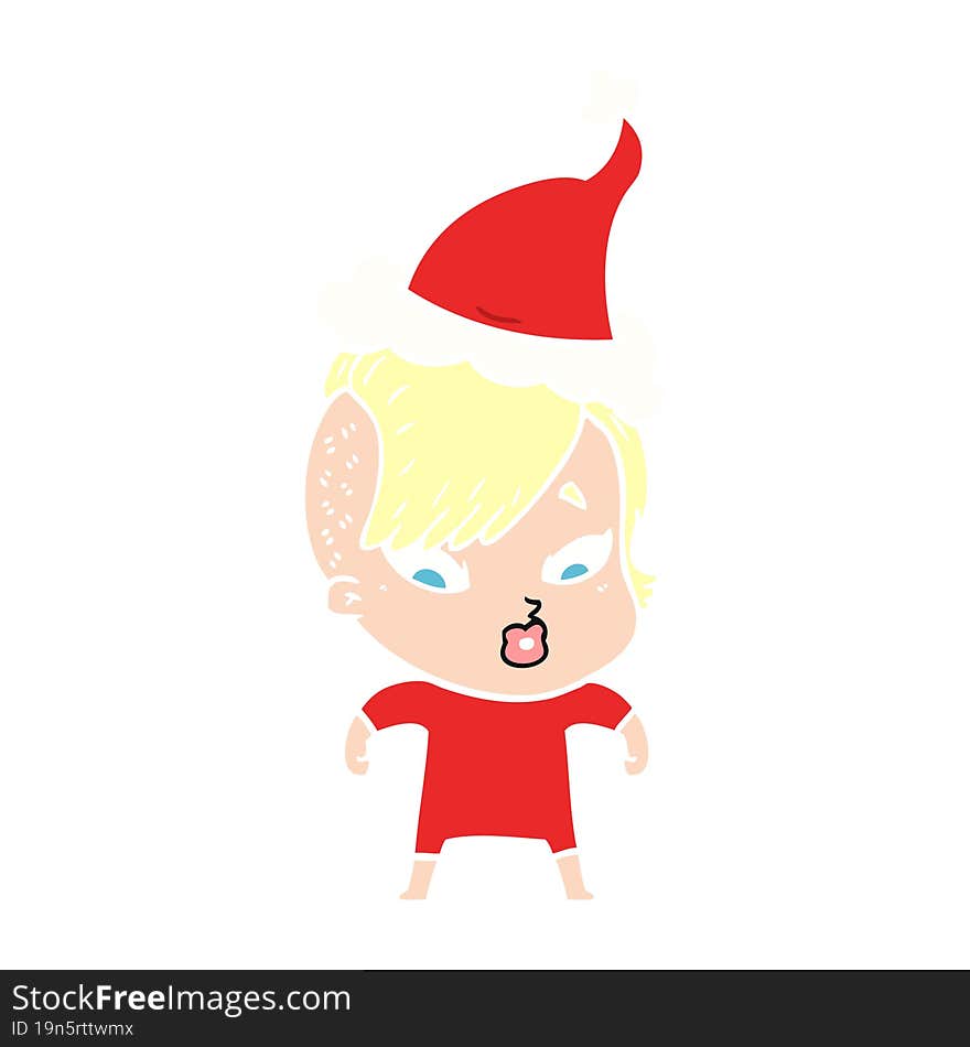 flat color illustration of a surprised girl wearing santa hat