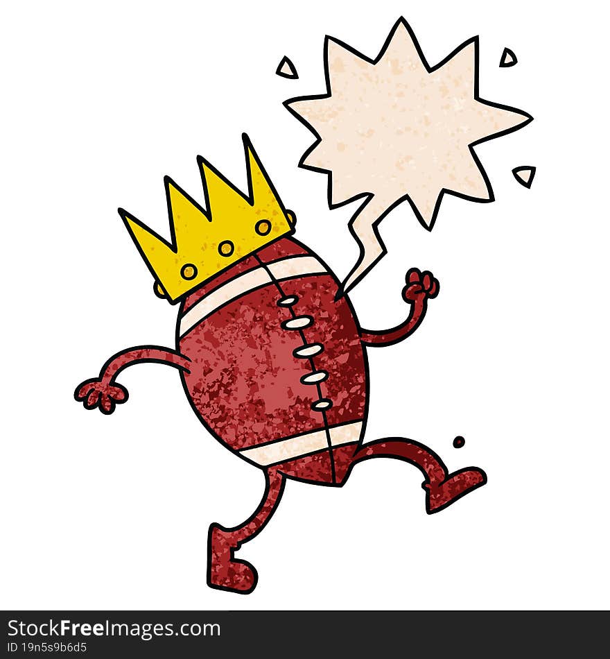 football and crown cartoon and speech bubble in retro texture style