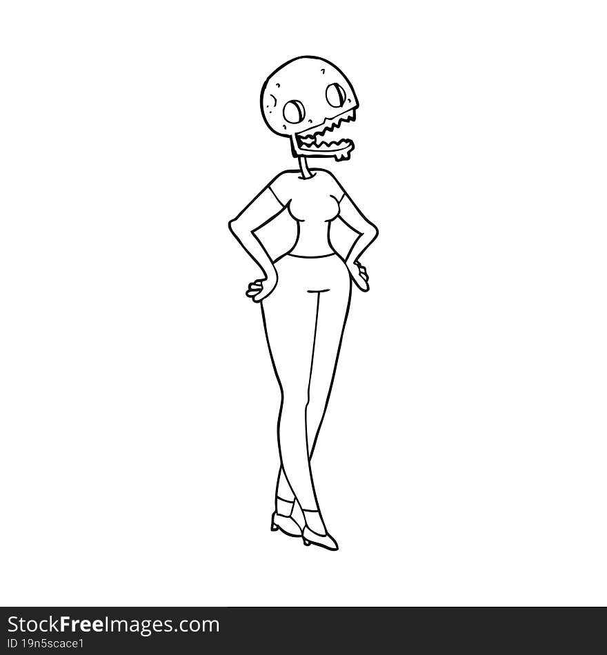 freehand drawn black and white cartoon zombie woman