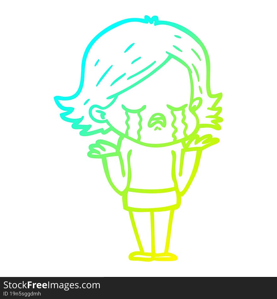 cold gradient line drawing of a cartoon girl crying