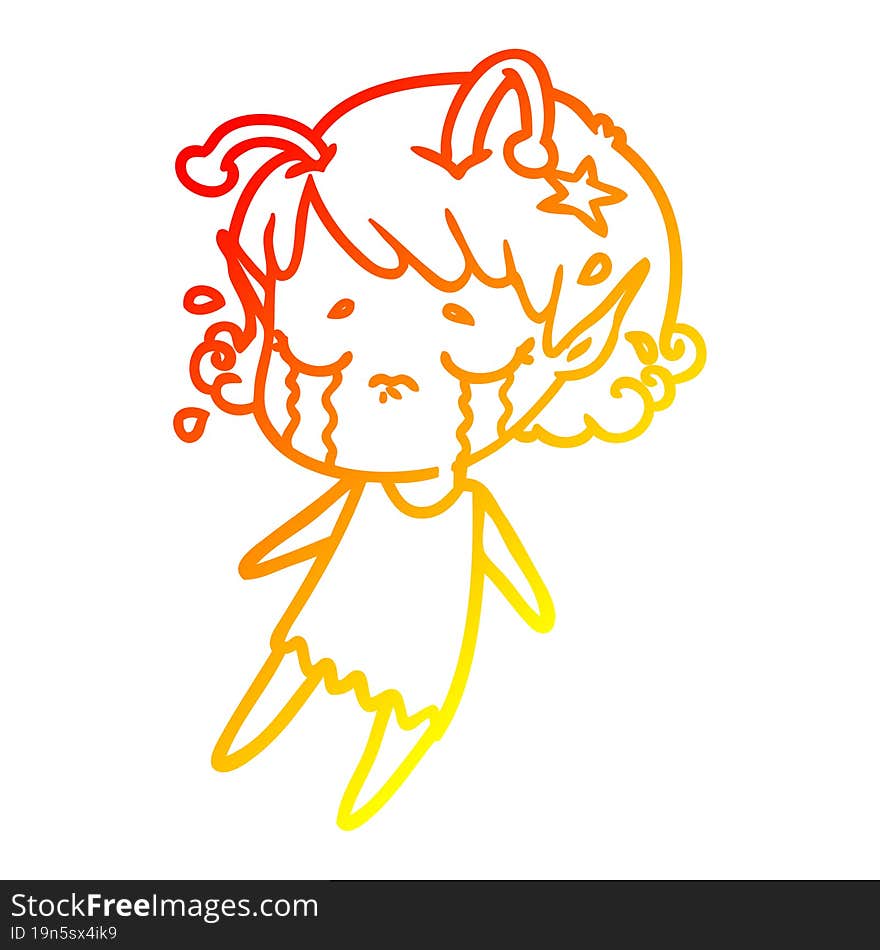 warm gradient line drawing of a cartoon crying alien girl