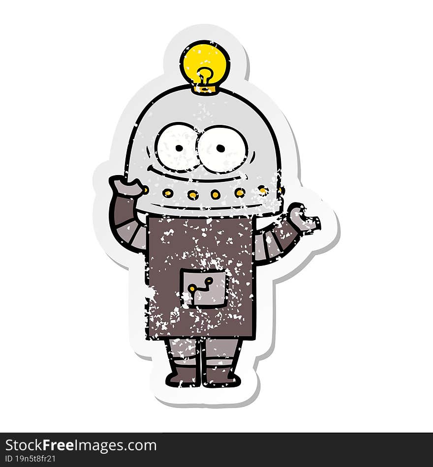 distressed sticker of a happy carton robot with light bulb