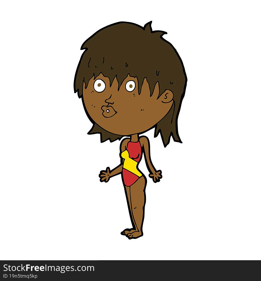 Cartoon Woman In Swimsuit Shrugging Shoulders