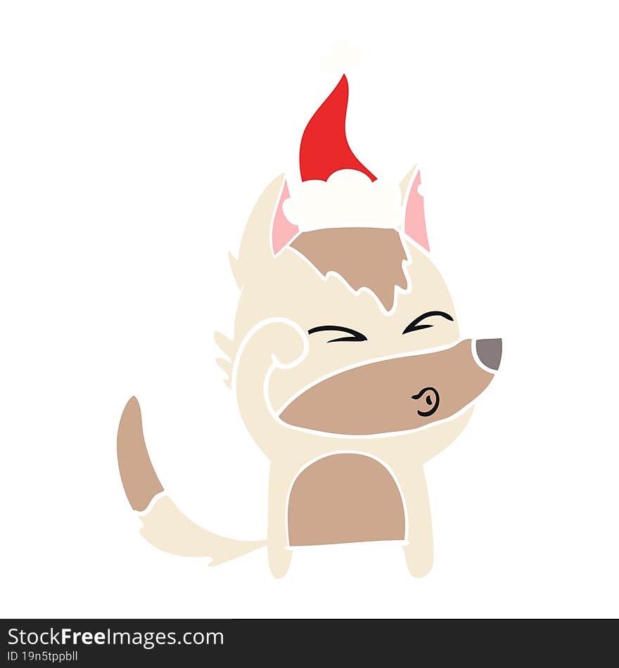 flat color illustration of a wolf pouting wearing santa hat