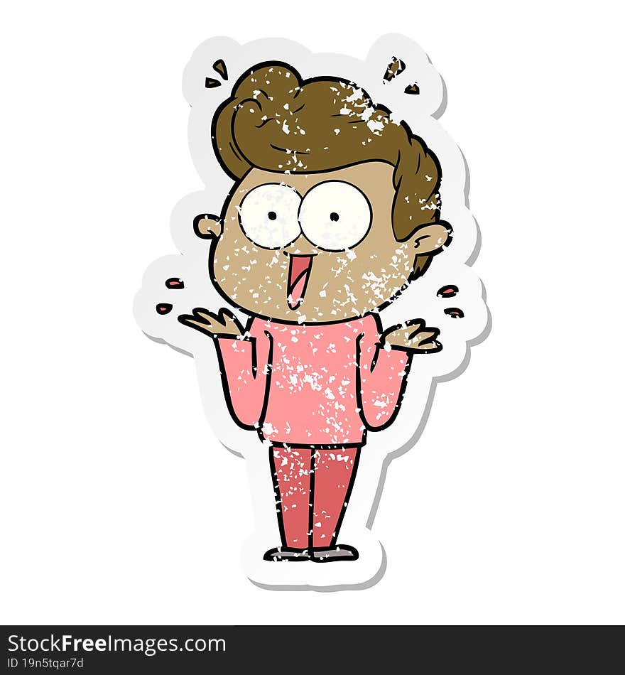 Distressed Sticker Of A Cartoon Man Shrugging