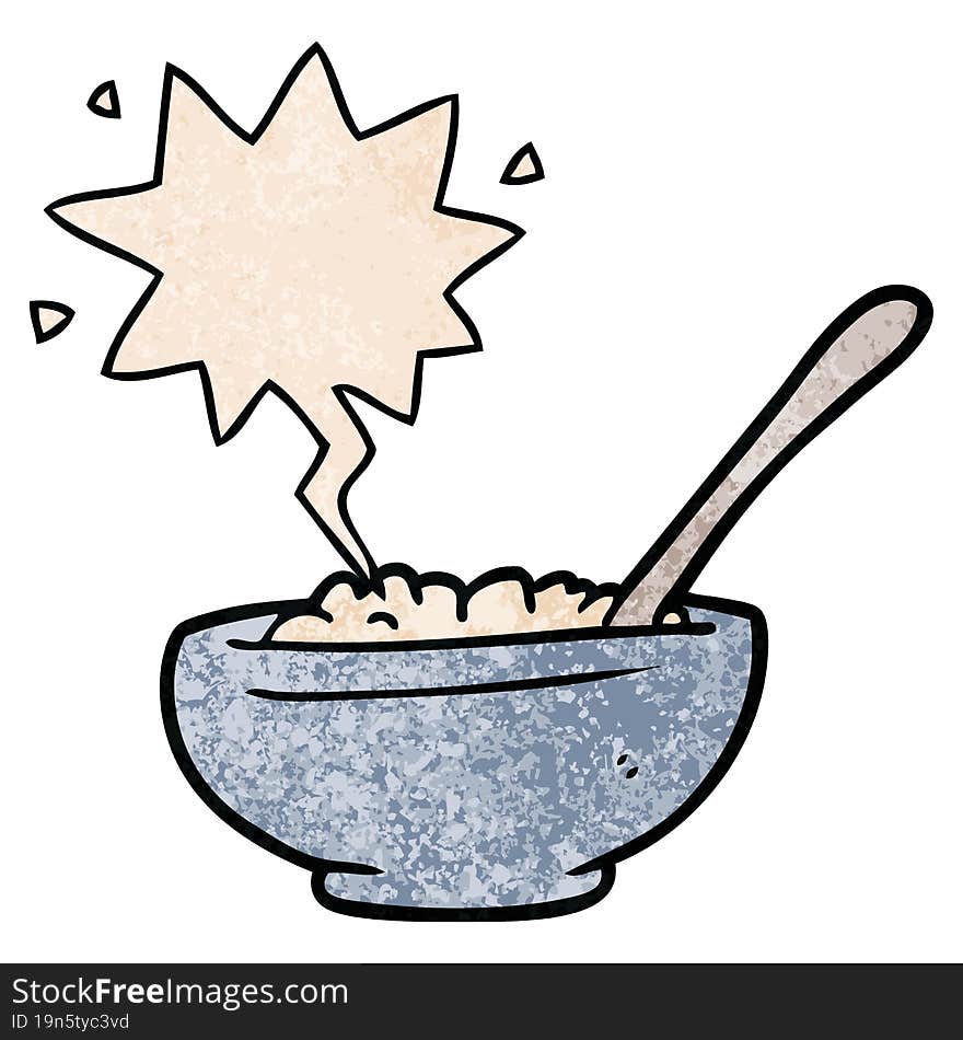 cartoon bowl of rice and speech bubble in retro texture style