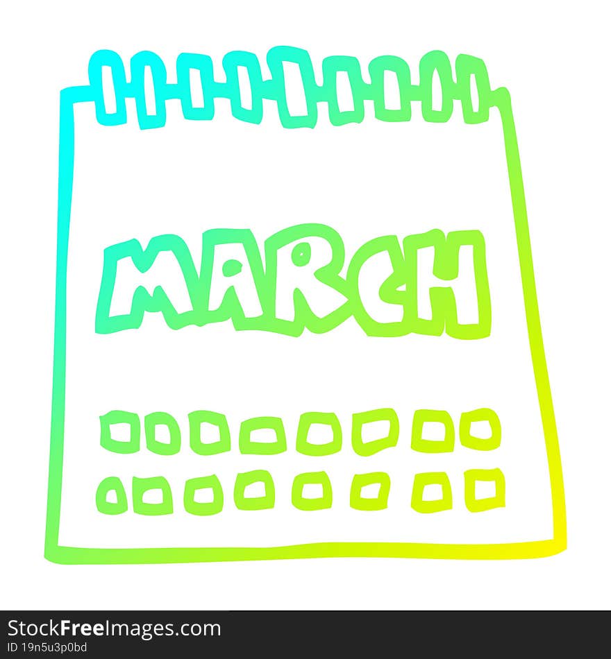 cold gradient line drawing cartoon calendar showing month of march