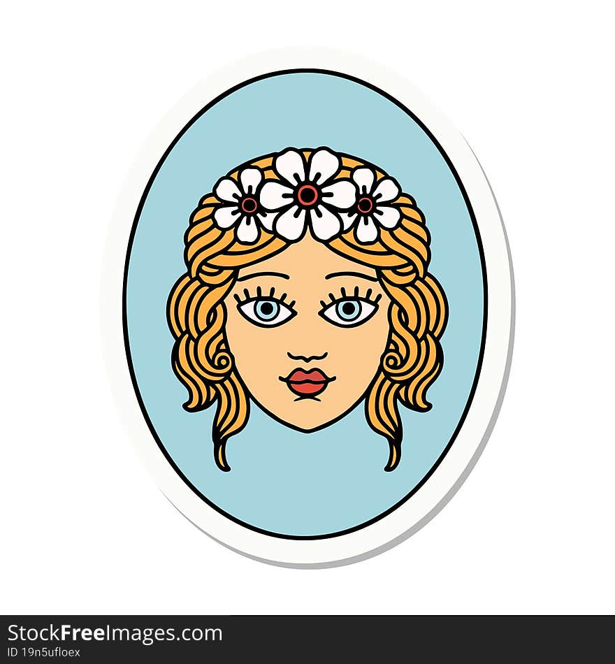 tattoo style sticker of a maiden with crown of flowers