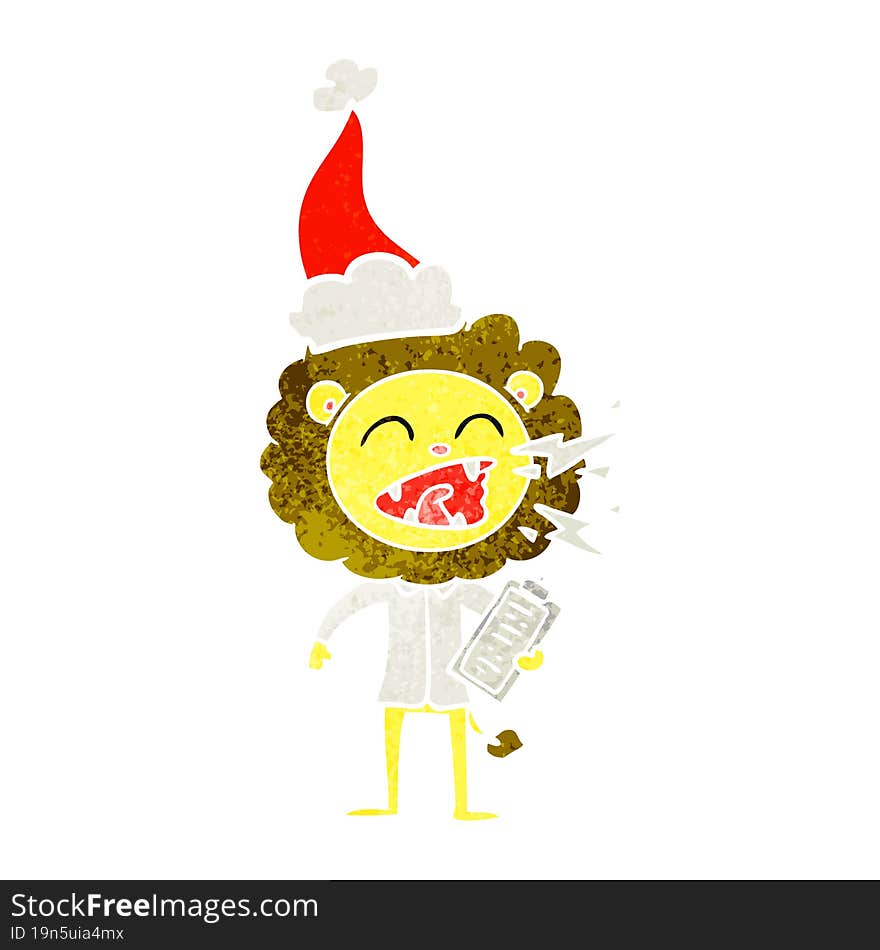 retro cartoon of a roaring lion doctor wearing santa hat