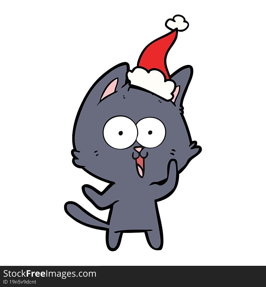 Funny Line Drawing Of A Cat Wearing Santa Hat