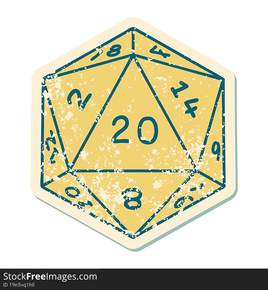 Distressed Sticker Tattoo Style Icon Of A D20 Dice