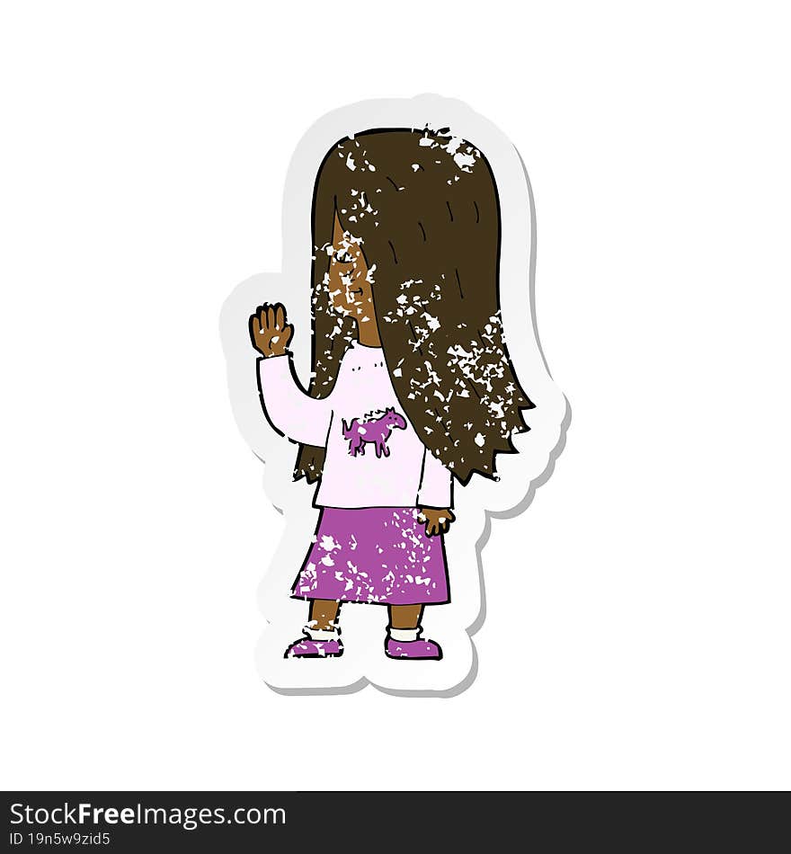 retro distressed sticker of a cartoon girl with pony shirt waving