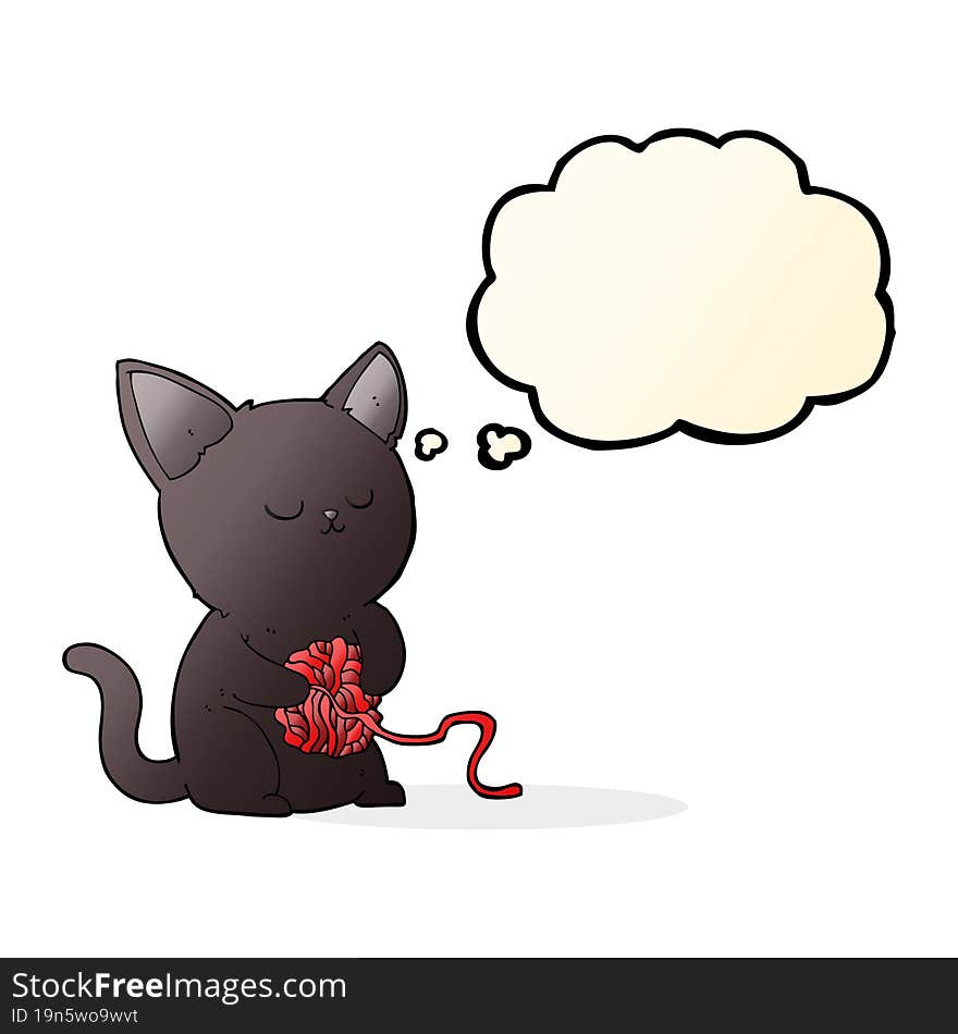 Cartoon Cute Black Cat Playing With Ball Of Yarn With Thought Bubble