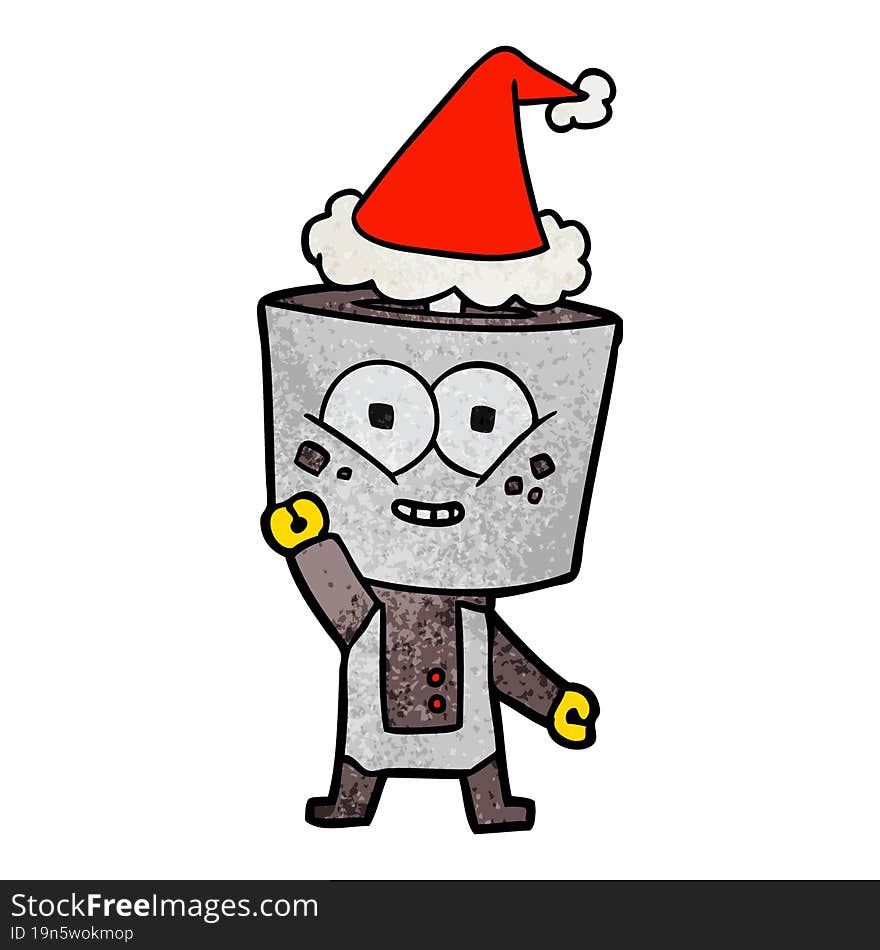 happy textured cartoon of a robot waving hello wearing santa hat