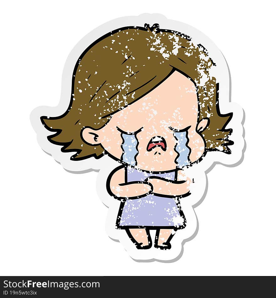 distressed sticker of a cartoon girl crying