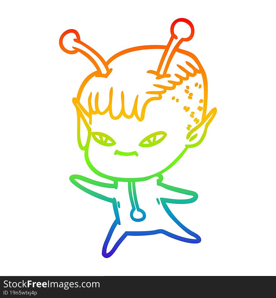 rainbow gradient line drawing of a cute cartoon alien girl