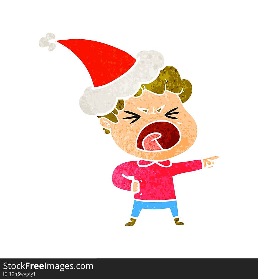 hand drawn retro cartoon of a furious man wearing santa hat