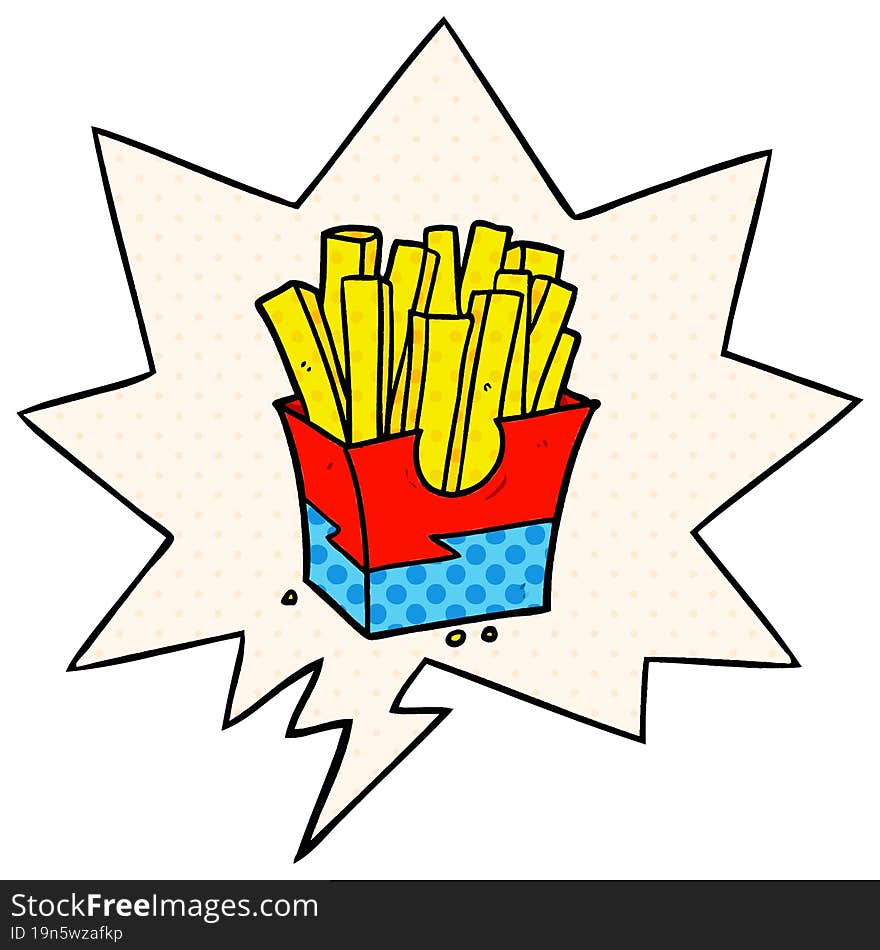 cartoon junk food fries and speech bubble in comic book style