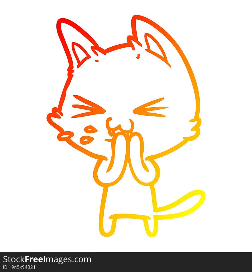 warm gradient line drawing of a cartoon cat hissing