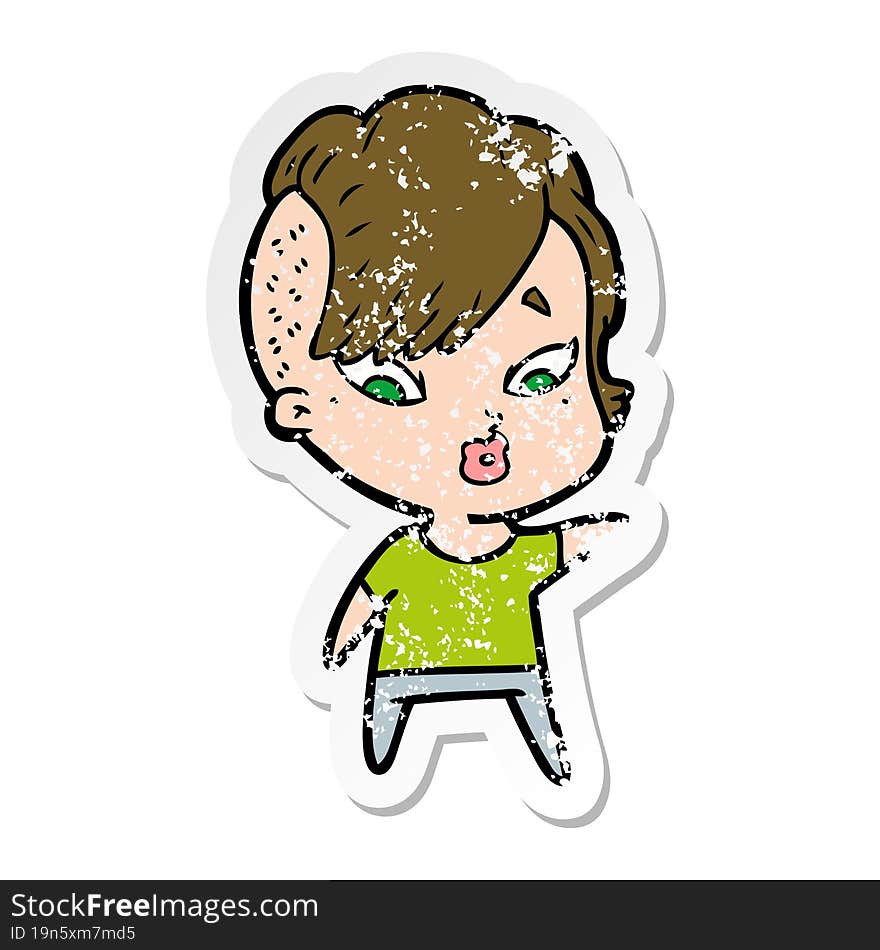 distressed sticker of a cartoon surprised girl