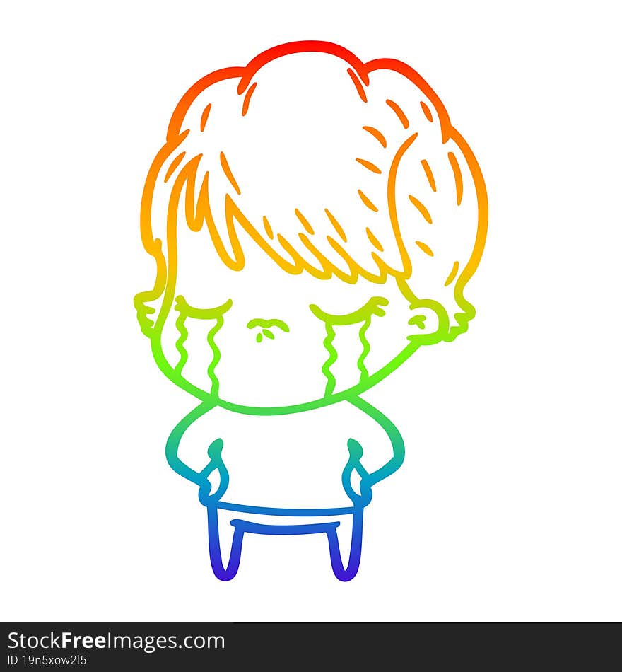 rainbow gradient line drawing of a cartoon woman crying