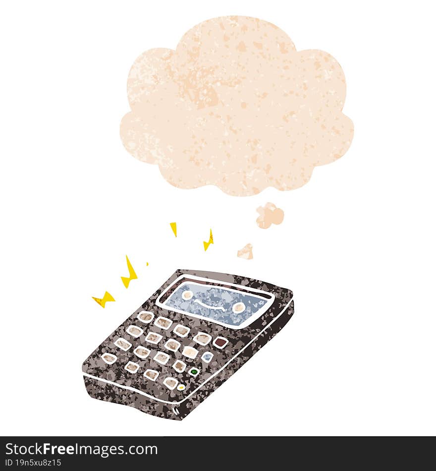 cartoon calculator and thought bubble in retro textured style