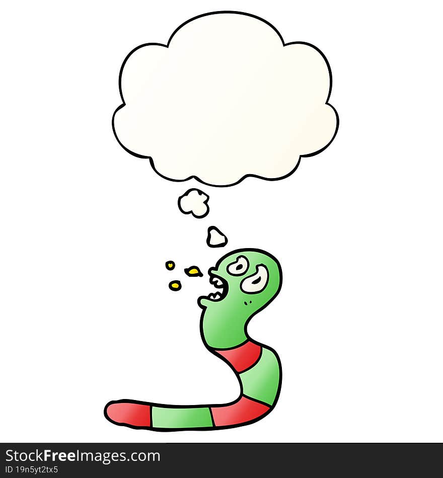 cartoon frightened worm and thought bubble in smooth gradient style