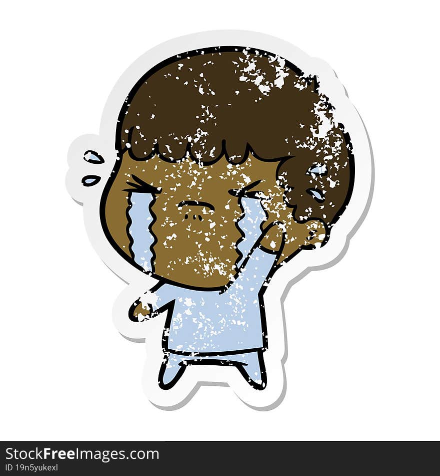 distressed sticker of a cartoon man crying