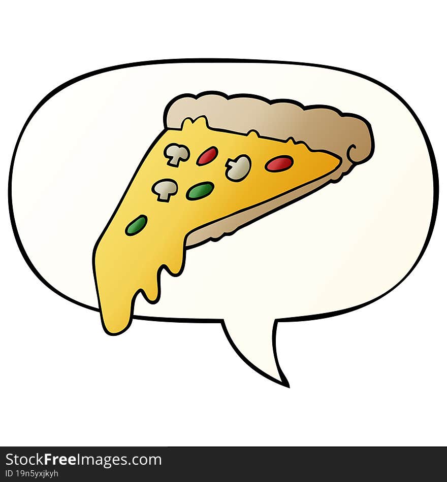 cartoon pizza slice and speech bubble in smooth gradient style