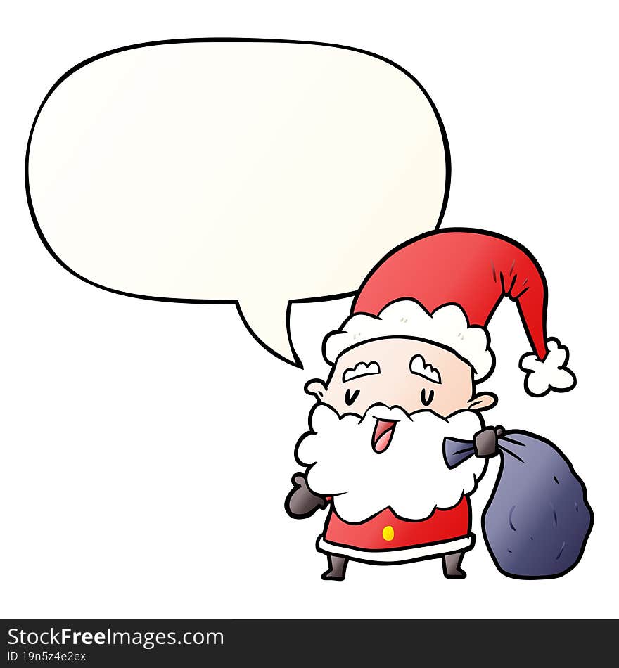 cartoon santa claus carrying sack of presents and speech bubble in smooth gradient style