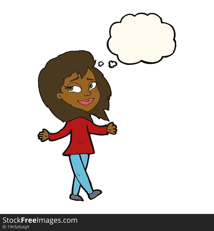 stress free woman cartoon with thought bubble