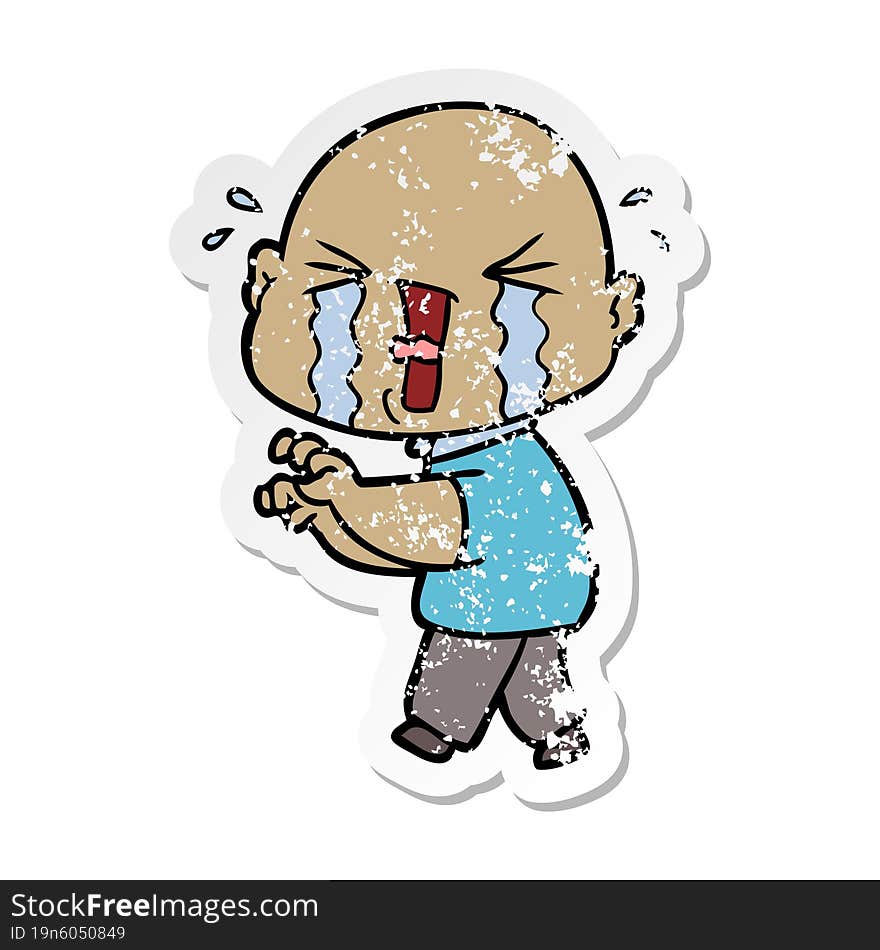 distressed sticker of a cartoon crying bald man