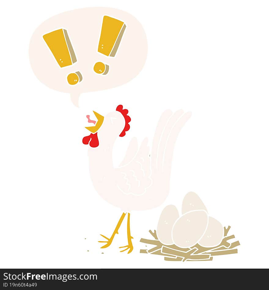 cartoon chicken laying egg with speech bubble in retro style