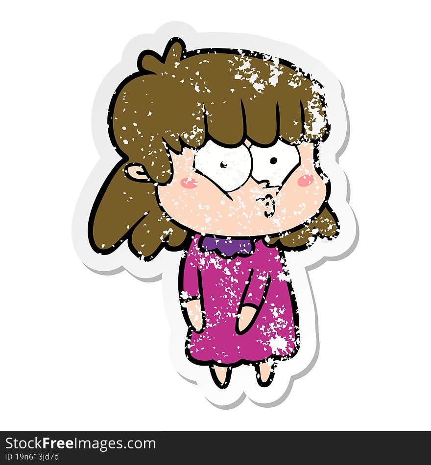 distressed sticker of a cartoon whistling girl