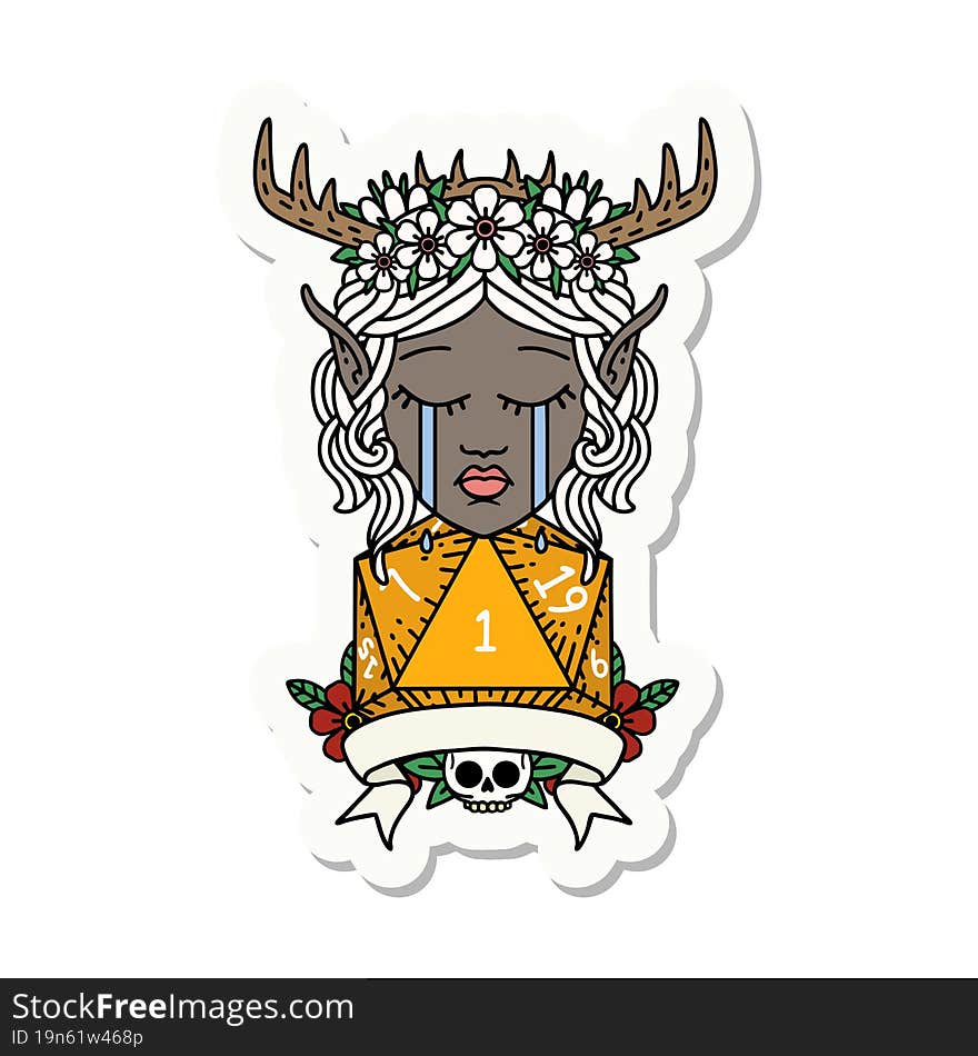 sad elf druid character face with natural one D20 roll sticker