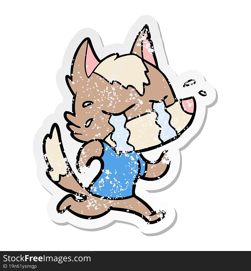 Distressed Sticker Of A Cartoon Crying Wolf Running Away