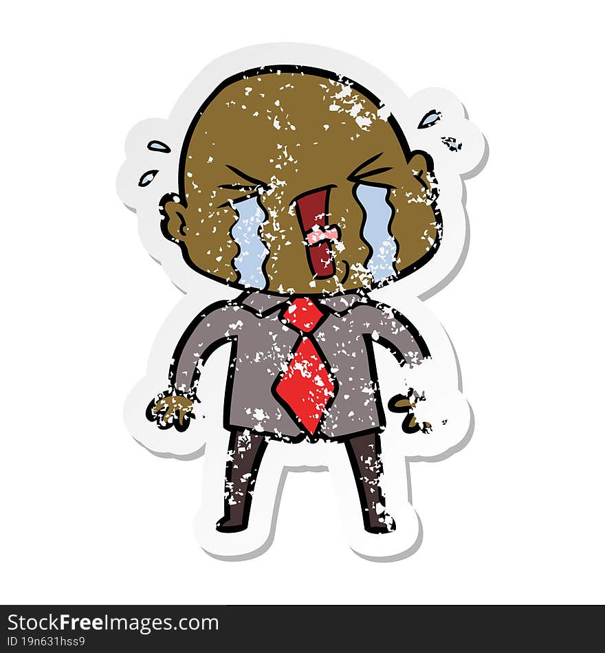 distressed sticker of a cartoon crying bald man