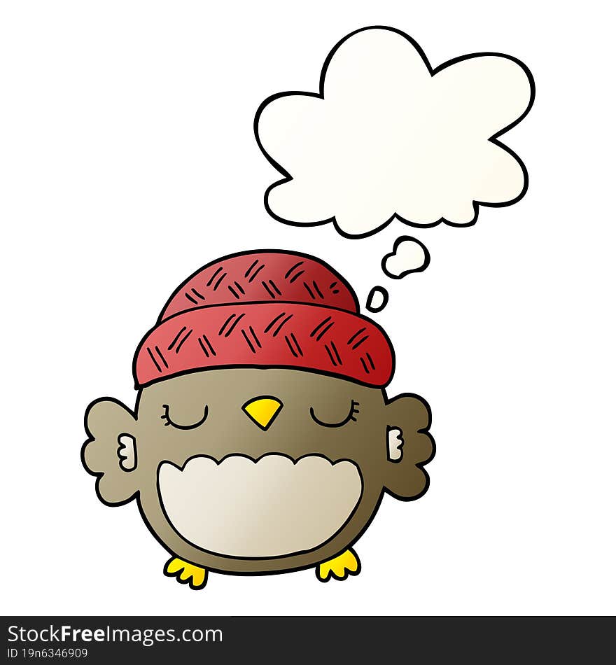 cute cartoon owl in hat and thought bubble in smooth gradient style