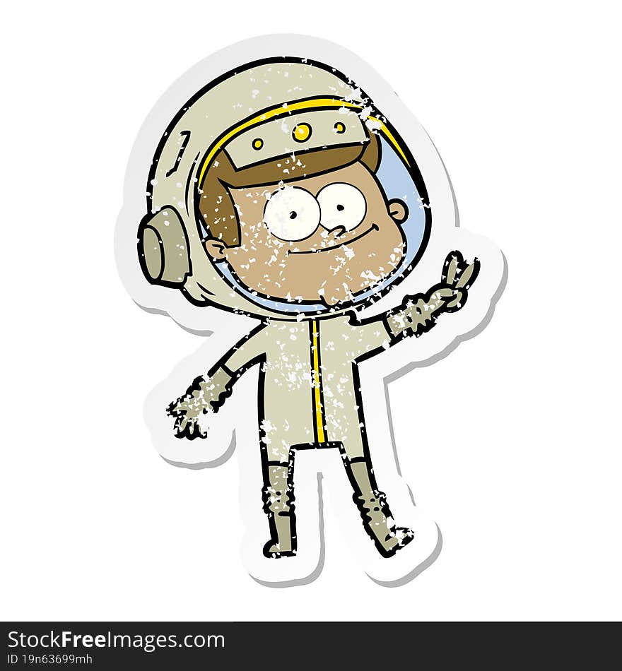 distressed sticker of a happy astronaut cartoon