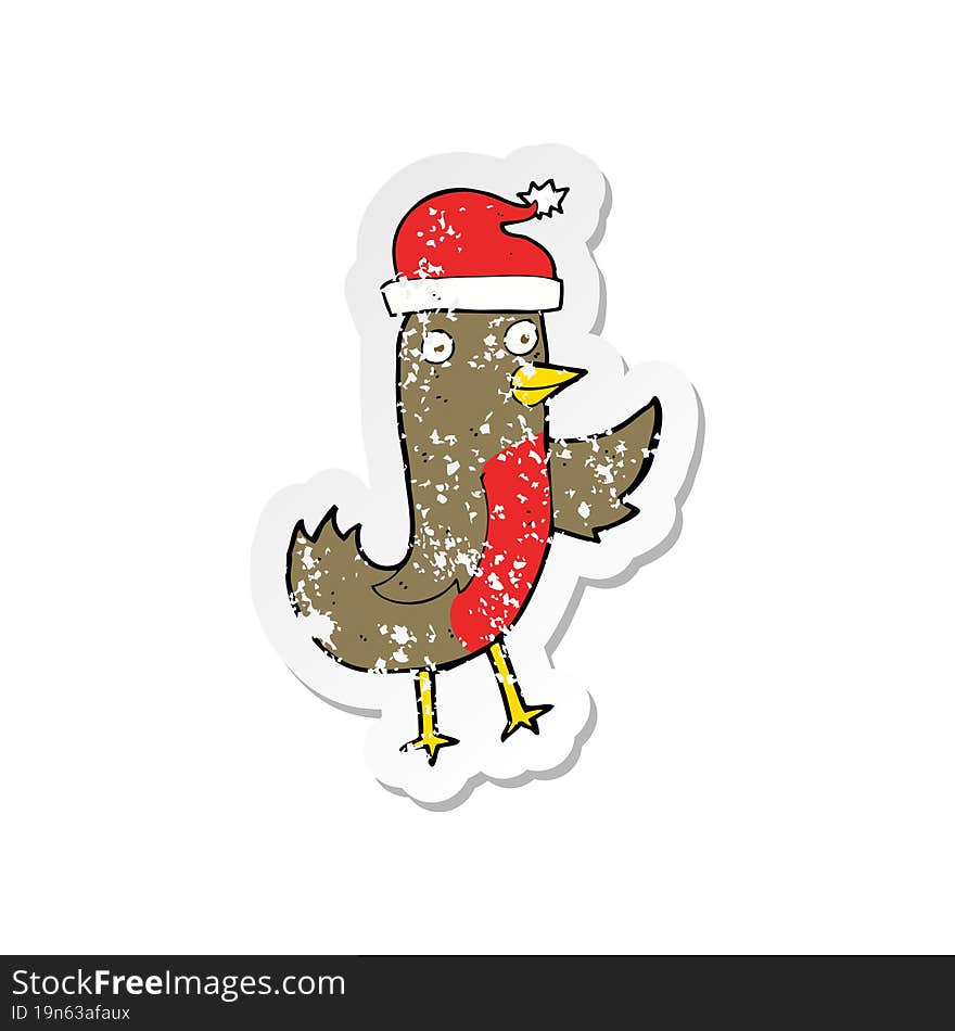 retro distressed sticker of a cartoon christmas robin wearing hat