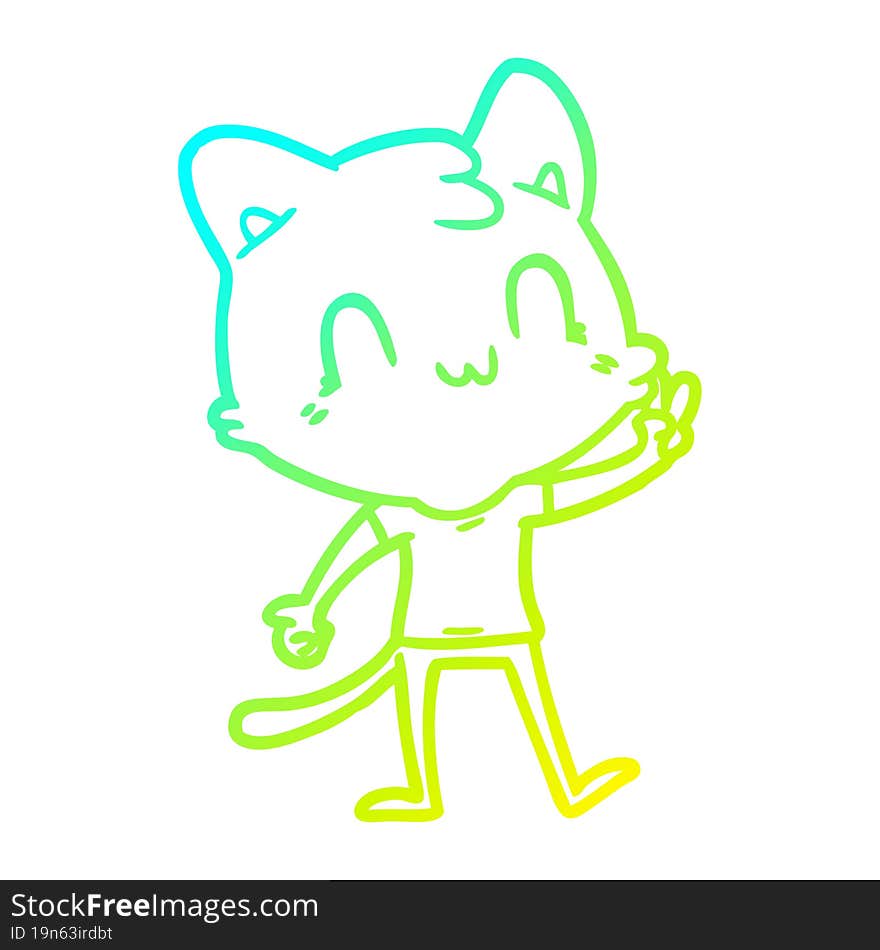 Cold Gradient Line Drawing Cartoon Happy Cat Giving Peace Sign