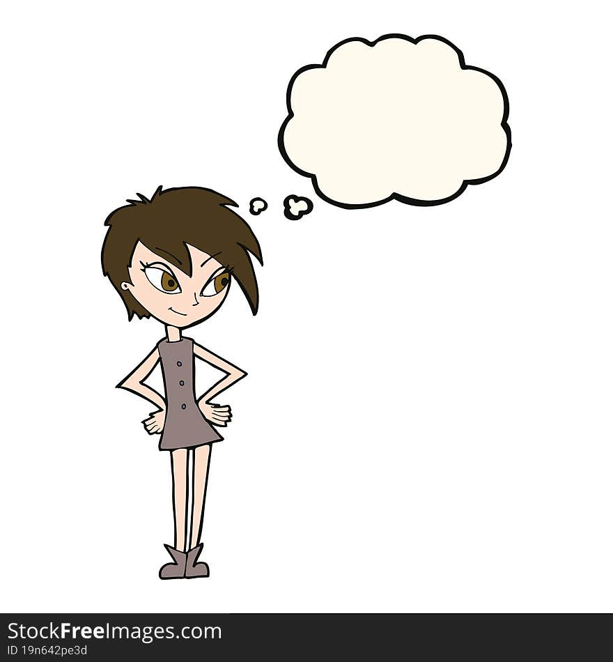 cartoon girl with hands on hips with thought bubble