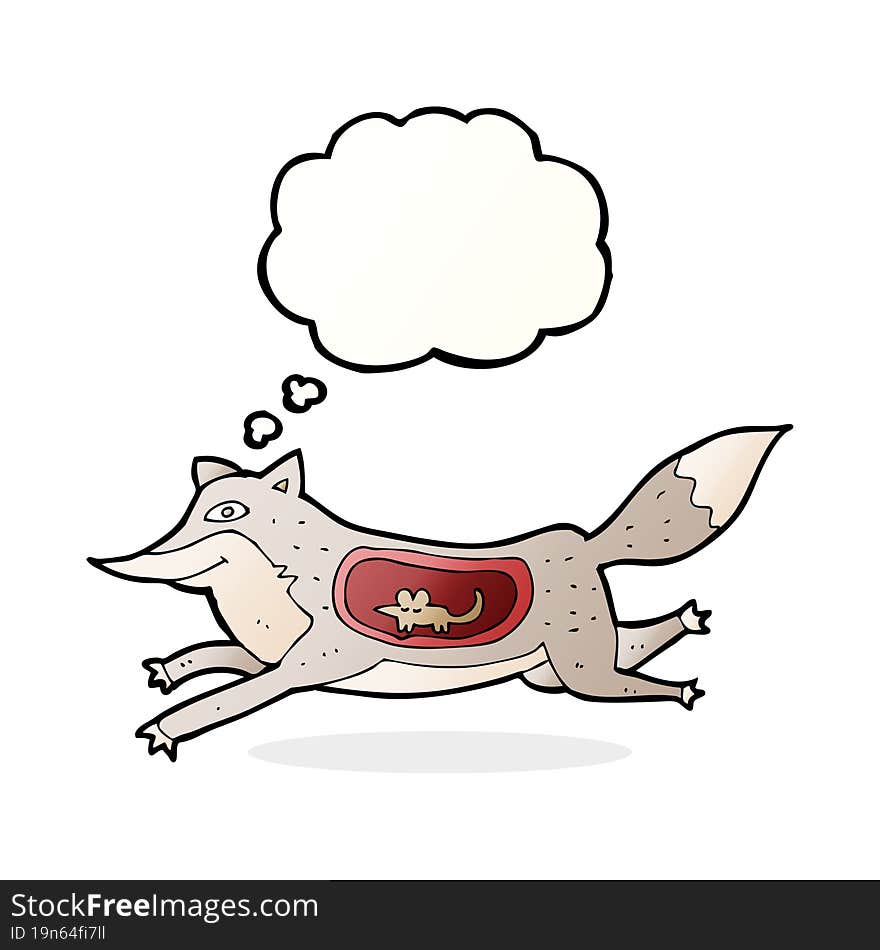 cartoon wolf with mouse in belly with thought bubble