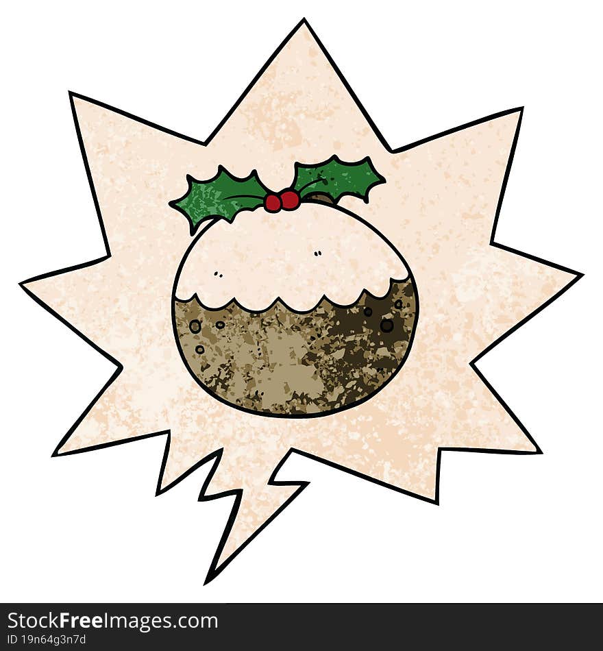 cartoon christmas pudding and speech bubble in retro texture style