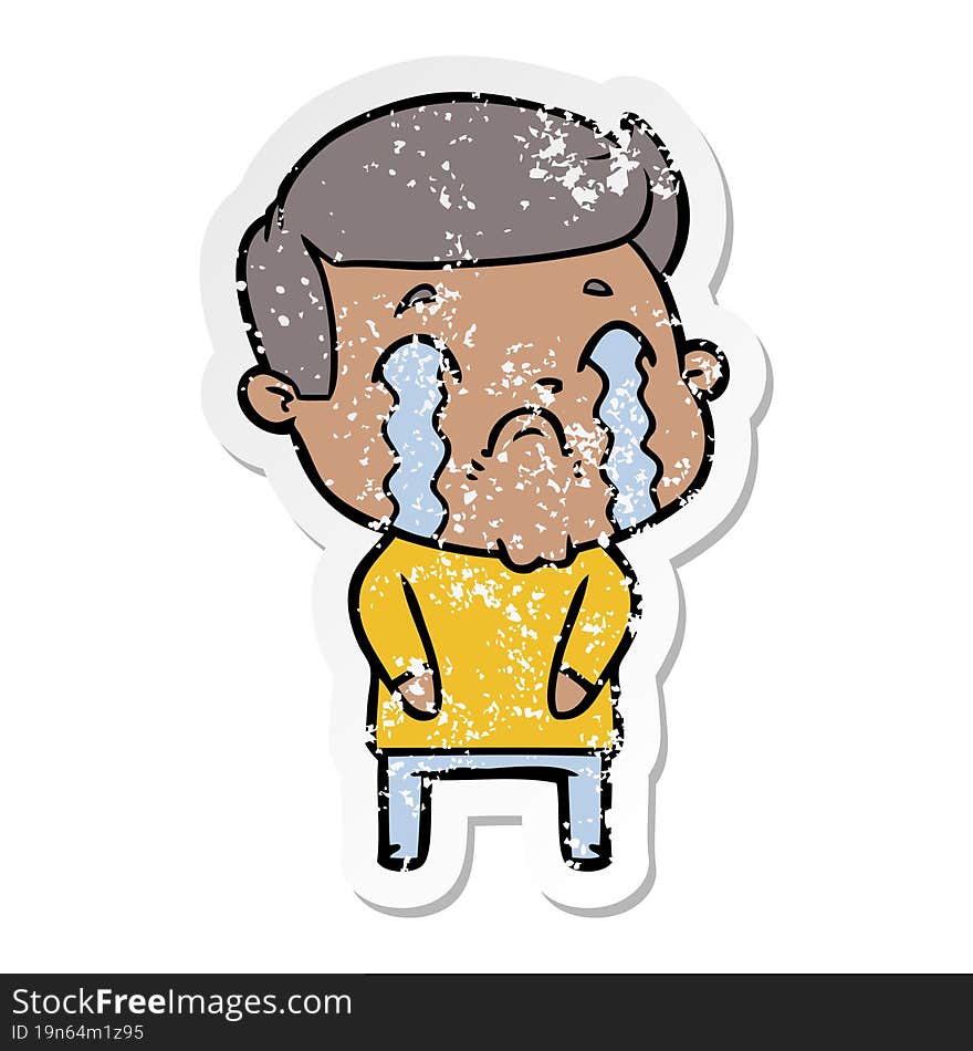 distressed sticker of a cartoon man crying