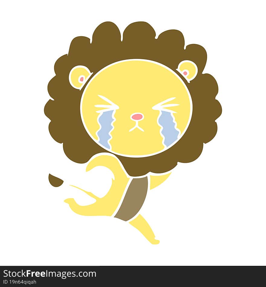 flat color style cartoon crying lion running away