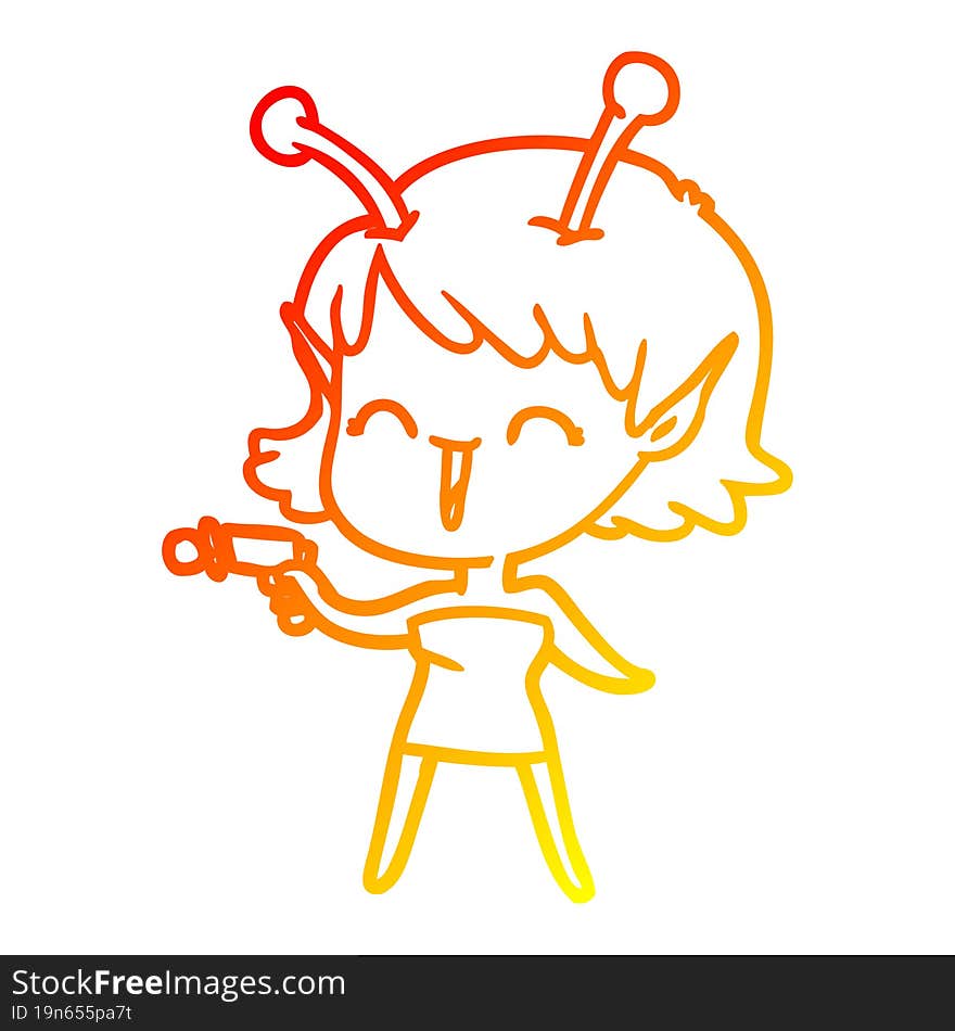 warm gradient line drawing of a cartoon alien girl laughing