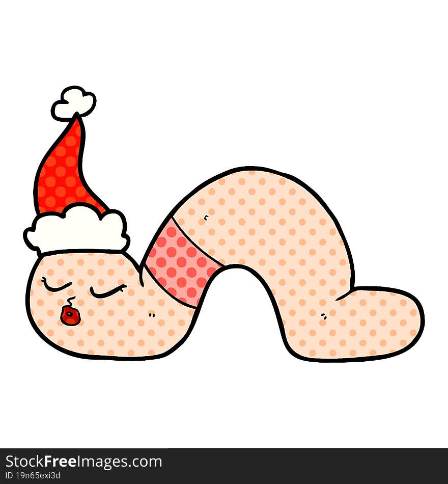 hand drawn comic book style illustration of a worm wearing santa hat