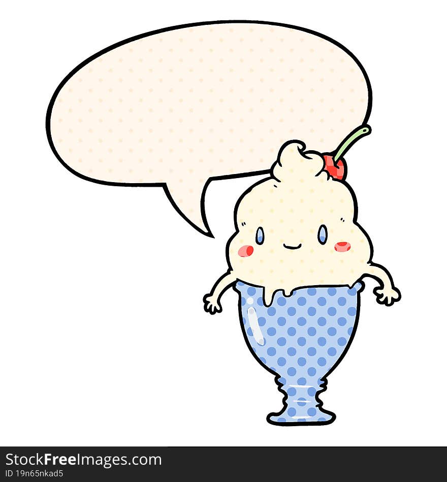 Cute Cartoon Ice Cream And Speech Bubble In Comic Book Style