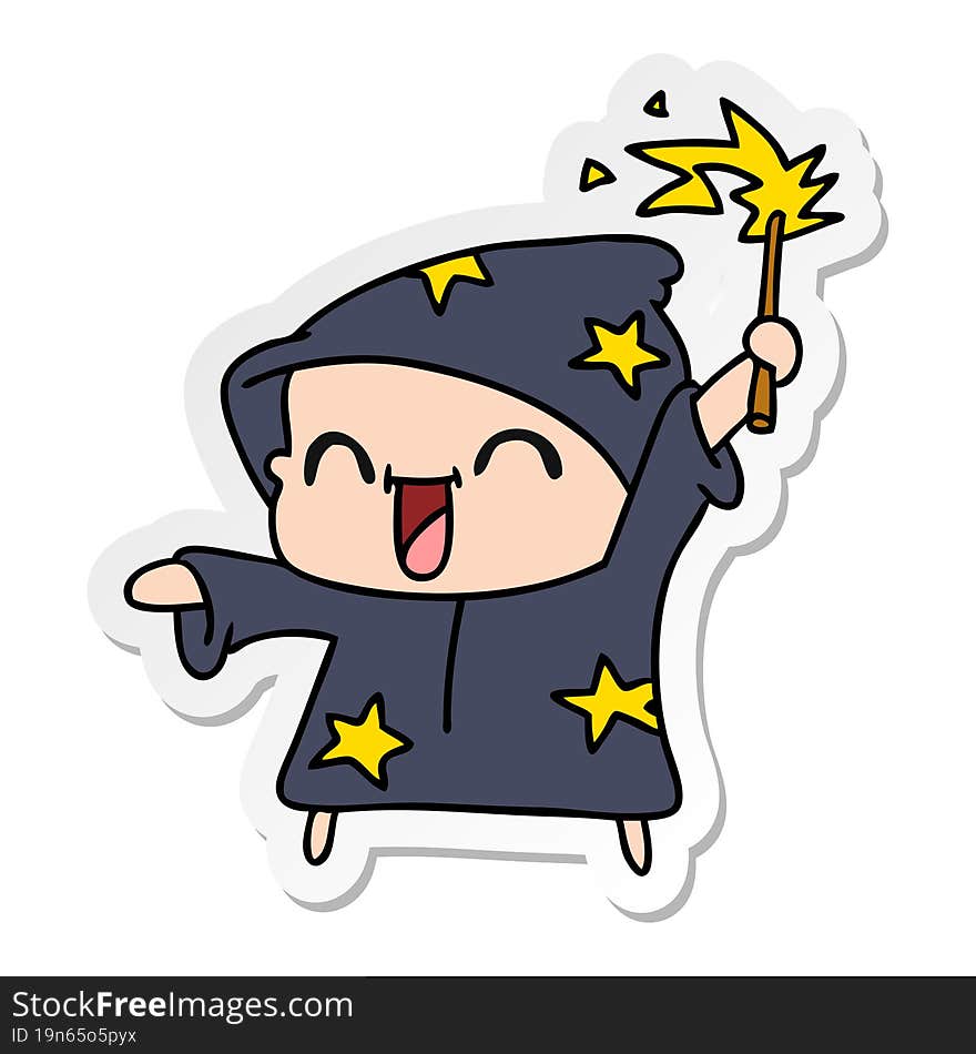 sticker cartoon of a happy little wizard